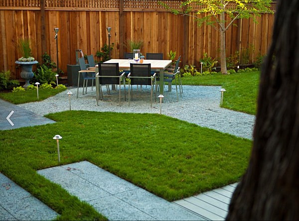 záhradný záhradný dizajn trávnik štrkový jedálenský kút