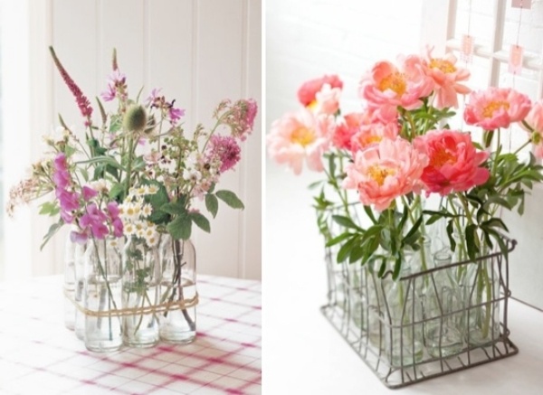 rezané kvety dekorácia nápad sklenená váza na kvety recyklované fľaše