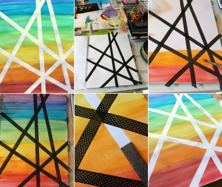 Vytvorte abstraktný vzor na papieri alebo plátne pomocou washi pások a lepiacej pásky