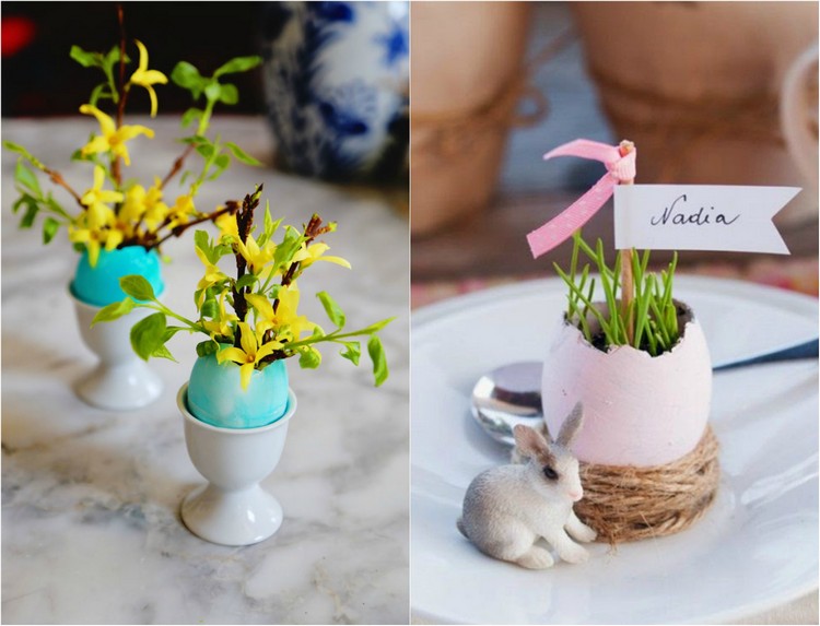 Jarná dekorácia drotár vaječná škrupina-vázy-forzytia konáre-tráva