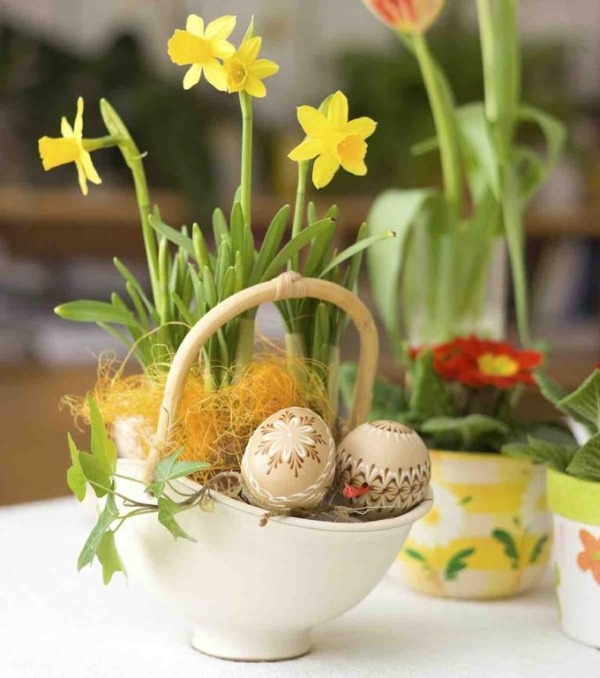 Jarné nápady na veľkonočný košík Vajíčka narcisov Nápady na jarnú výzdobu bytu veľkonočný kôš narcisy vajíčka