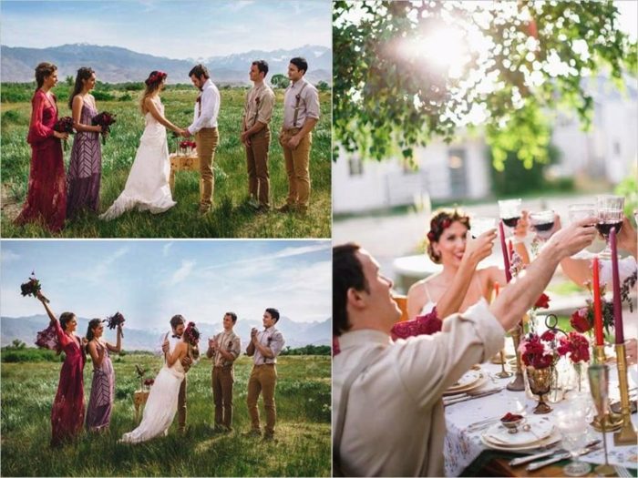 Raňajková svadba so svadobným obradom vonku svadobný obrad svadobný pozdrav prípitok milí priatelia stolná záhrada