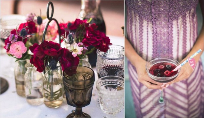 Raňajková svadba - Pekné kvetinové úpravy dekorácií stolu a koktailov dekorácie na stôl svadobné kvety bobuľová farba kokteilová šťava bobule