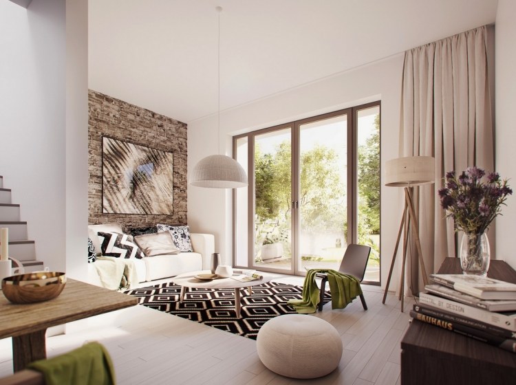 Nápady na zariaďovanie-prírodné farby-béžová-sedacia-časť-koberec-zaujímavý-vzor-čierno-biela