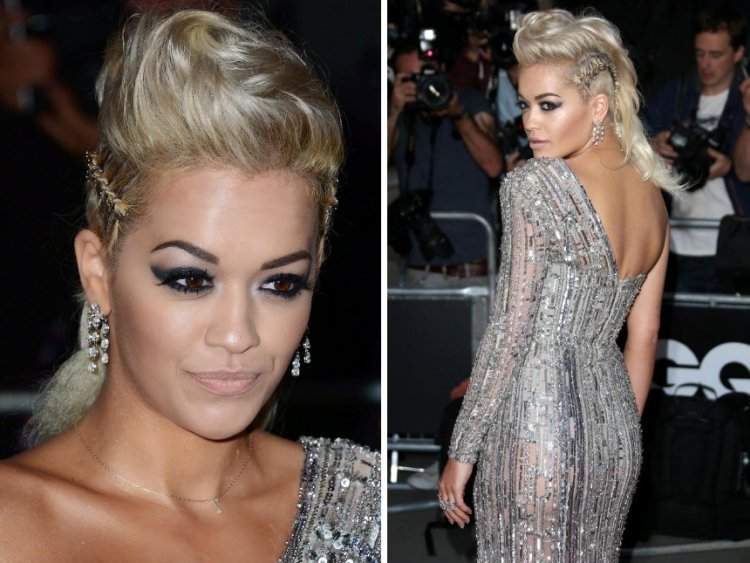 Účes Rita Ora - Faux Hawk a bočné vrkoče k šatám s ramienkom Účes k šatám s nosičom -rita-ora-faux-jastrab-Seitenzoepfe-zuhair-murad-couture