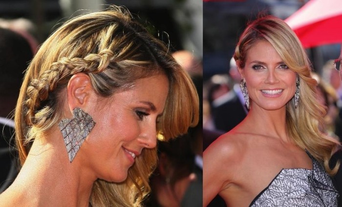 Pletený vrkoč otvorené vlasy nosené nabok Heidi Klum účes-prvé-rande-nápad-bočný vrkoč-vres-klum
