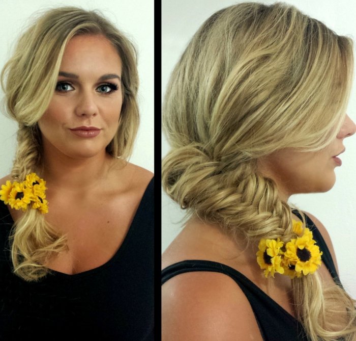 účes z vrkočieho vrkoča v jarnom doplnku na zapletanie slnečnice