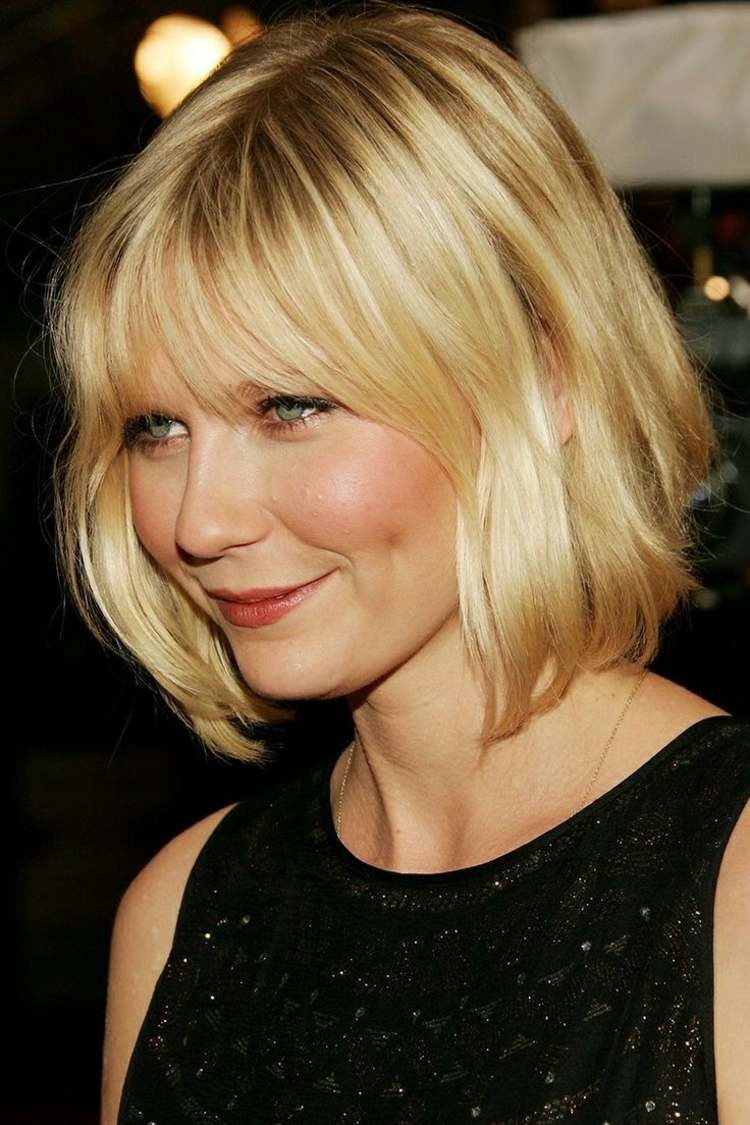 Bob pre blond vlasy s ofinou účesy-pre-blond-vlasy-bob-pony-kirsten-dunst-schwaz-šaty