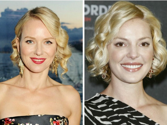 Drdol alebo bob účes s vlasovými vlnami Platinové blond vlasy s kučerami a vrstvami