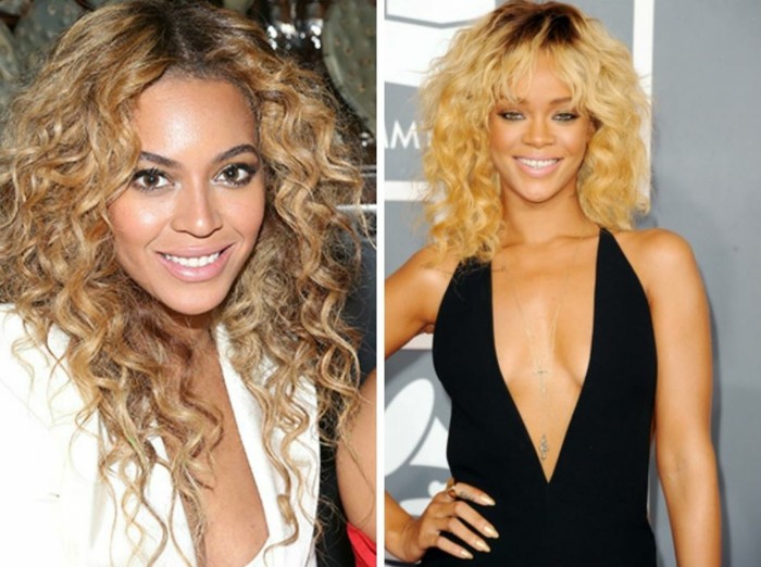 Trvalá vlna s pieskovou farbou alebo svetlo blond zosvetlené vlasy-s-farbou-véčkovým výstrihom-Rihanna