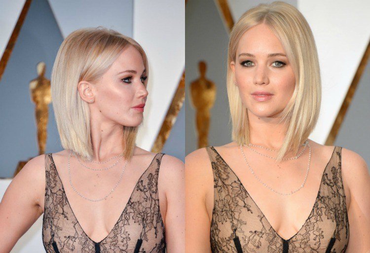 Jennifer Lawrence na Oscaroch 2016 s platinovým blond dlhým bobom účesy-okrúhla tvár-hviezdy-jennifer-lawrance-oscary