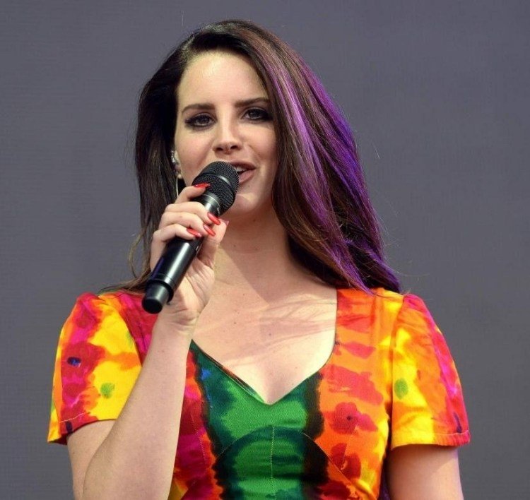 Lana del Ray s fialovými odleskami na vzhľade účesy-stredne dlhé-lana-del-rey-lila-straenchen-vlasy-šaty-farebné-oranžové