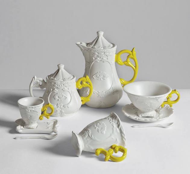 porcelánová čajová súprava i-wares seletti biele šálky čajník žlté rúčky porcelánová čajová súprava i-wares seletti biele šálky čajník žlté rúčky