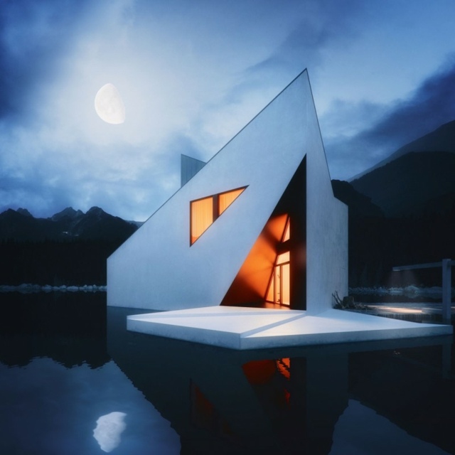 Posuvné sklenené dvere okenné otvory moderná fasáda terasa Okenné otvory moderná fasáda terasa betónová chata jazero