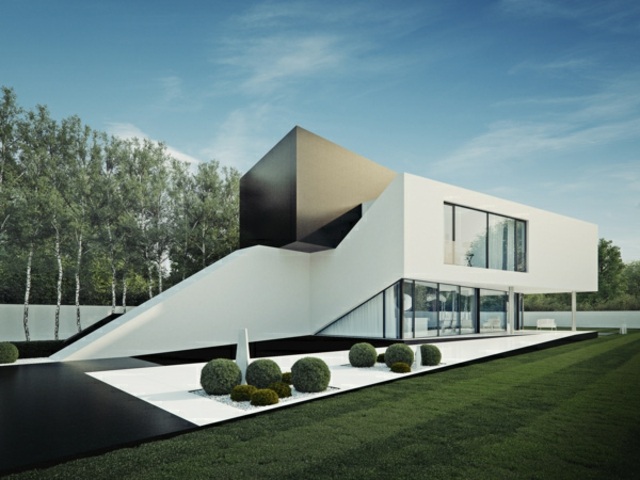 moderný dom dve poschodia atraktívny dvojfarebný dizajn fasády Poschodia atraktívneho dvojfarebného dizajnu fasády, trávnatá plocha