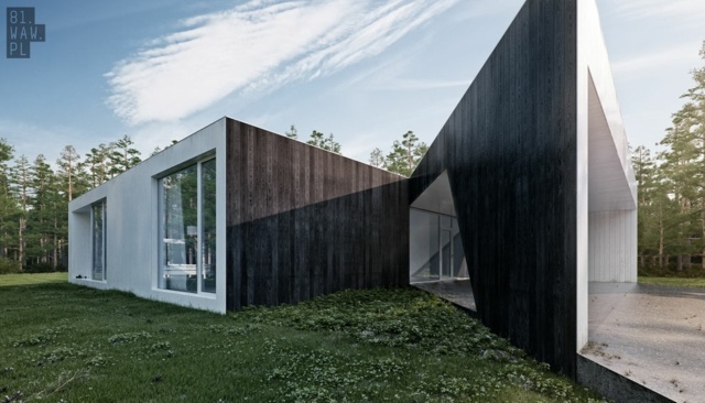 moderný dom jednopodlažná drevená fasáda tvar biela Podlaha drevená fasáda v tvare bieleho okenného skla