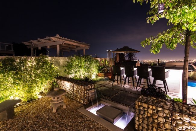 gabionová stena Postavte si osvetlenie záhradnej fontány