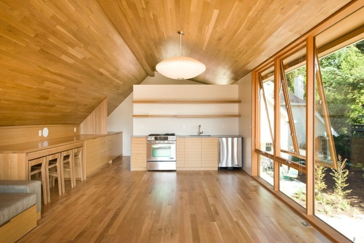 garáž byt obývačka kuchyňa priestor parkety interiérové ​​svietidlo