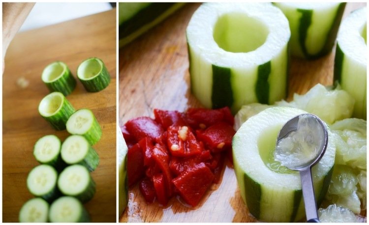 Vydlabané uhorky pripravte na plnenie Ozdobte a ozdobte jedlá - zeleninu - vydlabanú - uhorku - plnku