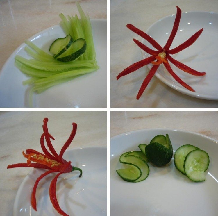 Kvety a nadrobno nakrájané uhorky na ozdobu Ozdobte-ozdobte-jedlo-zeleninu-uhorku-chilli-kvety