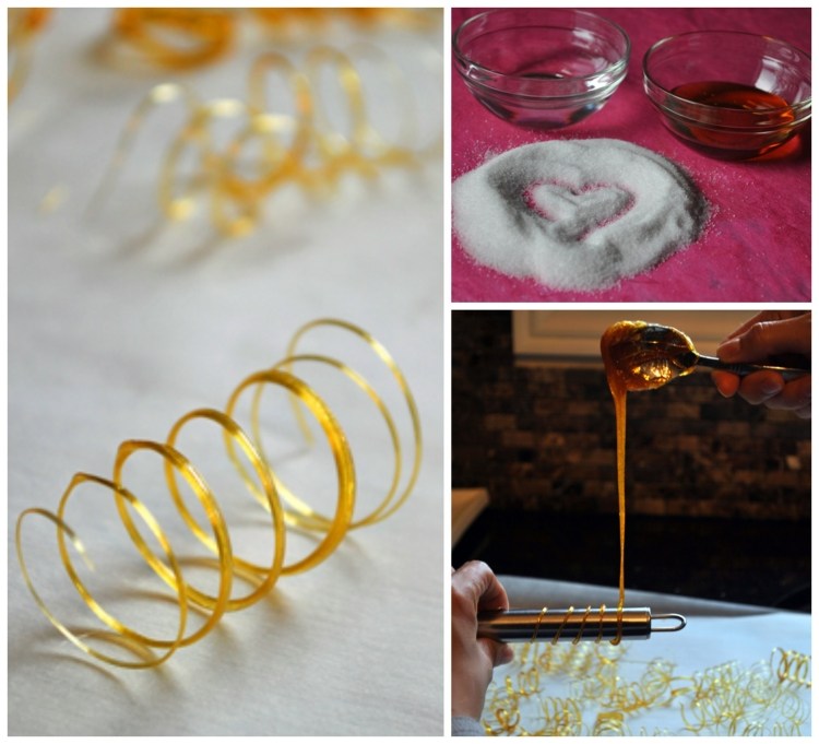 Karamelové špirály vyrobené z rozpusteného cukru Ozdobte a ozdobte -karamel-dezerty-ozdoba-cukor-roztopene-kolace