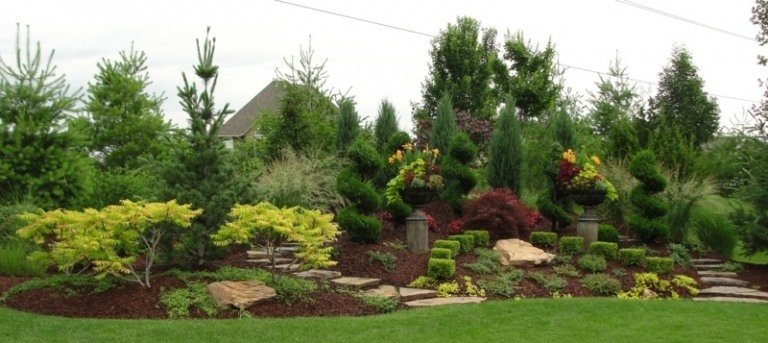 Vytvorte záhradu na svahu záhonové rastliny schody stromy živý plot rastliny trávnik