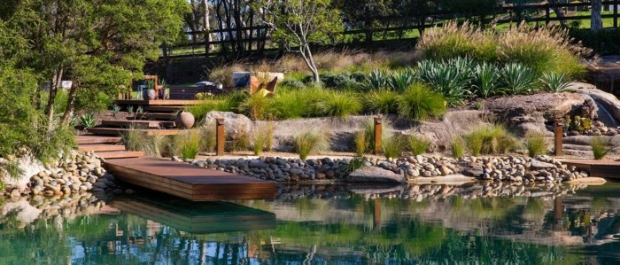 plocha bazéna príroda jazero lávka drevený záhradný dizajn