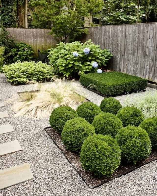 minimalistický záhradný dizajn vždyzelené kríky umelecké