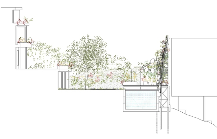 Záhrada s bazénom a vertikálnou zeleňou záhradný bazén-vzduch-chladiaci-systém-zrkadlo-zeleň-bočný pohľad