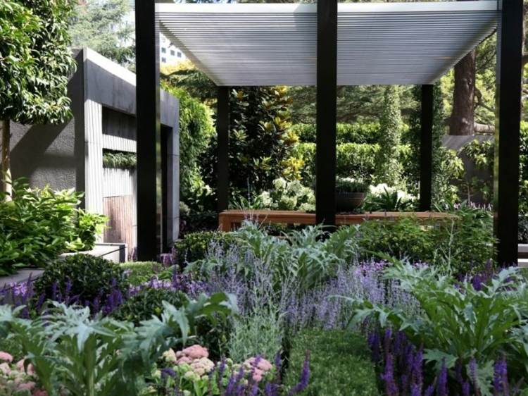 záhradníctvo a terénne úpravy purpurovo-kvety-moderné-pergola-nápad-čierno-biele