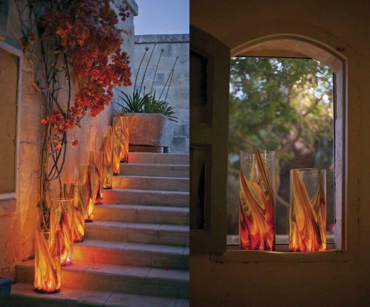 Záhradná dekorácia zo skleneného lampáša-sviečky-ručná-červeno-oranžová-Lichtspiel