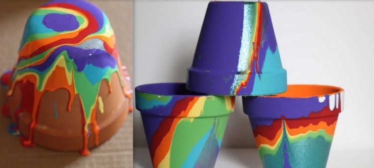 vlastnoručná záhradná dekorácia pestré farby hlinený hrniec s mramorovým efektom