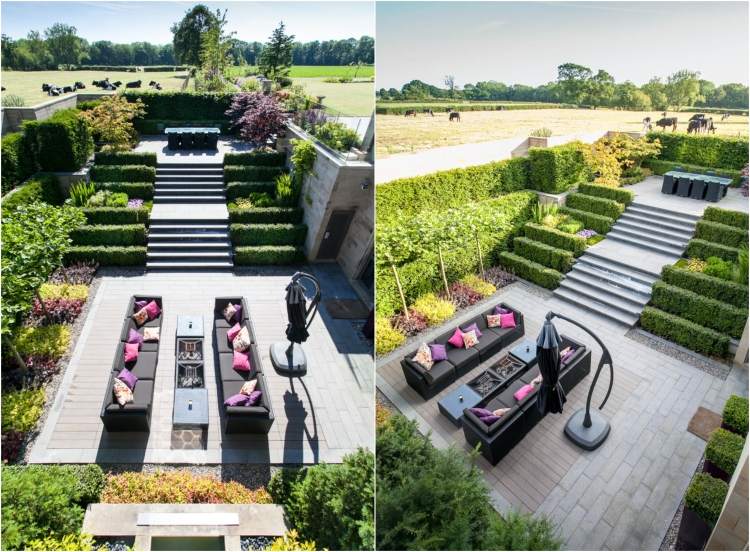 Vonkajšie schody a tvarované boxové živé ploty záhradný dizajn-svah-vonkajšie-schody-tvarované-box-živé ploty