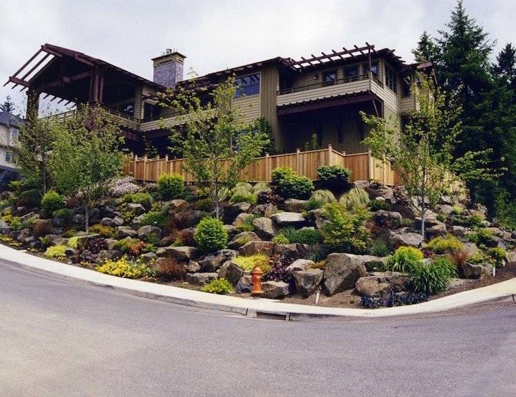 Predzáhradku vysaďte strmým svahom - stromami a kríkmi terénne úpravy-stráň-predný dvor-kamene-kríky-stromy-plot-ochrana súkromia