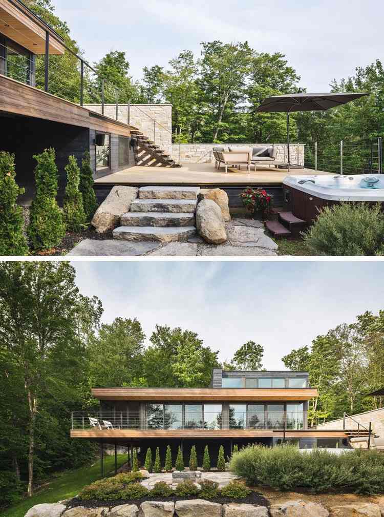 Záhradný dizajn z dreva a kameňa z prírodného kameňa na schody a záhradnú cestu a záhon