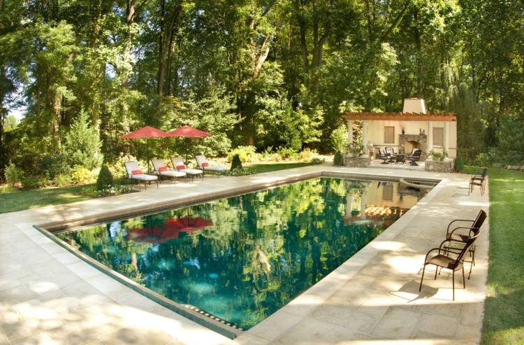 Záhradný dizajn terasa bazén bazén stromy tieň nápady