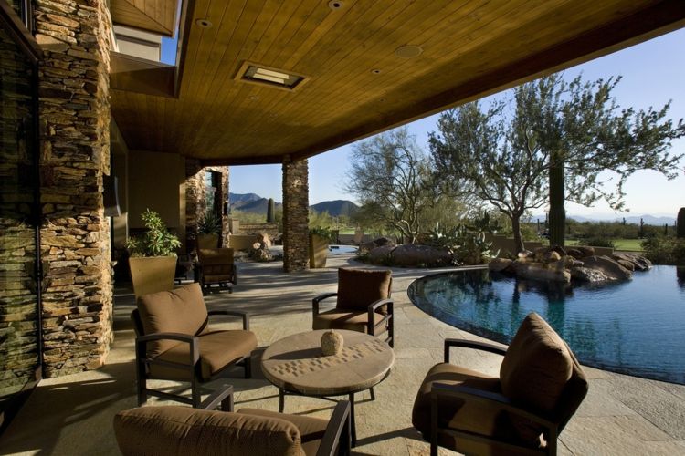 Záhradná dizajnová terasa, exotický ostrovný baldachýn okolo bazéna