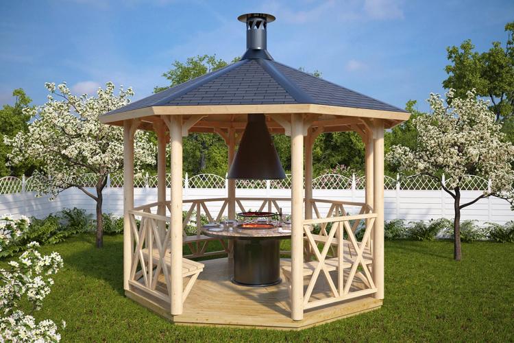 Záhradný altánok-konštrukcia-drevo-vonkajšie-krbové lavice