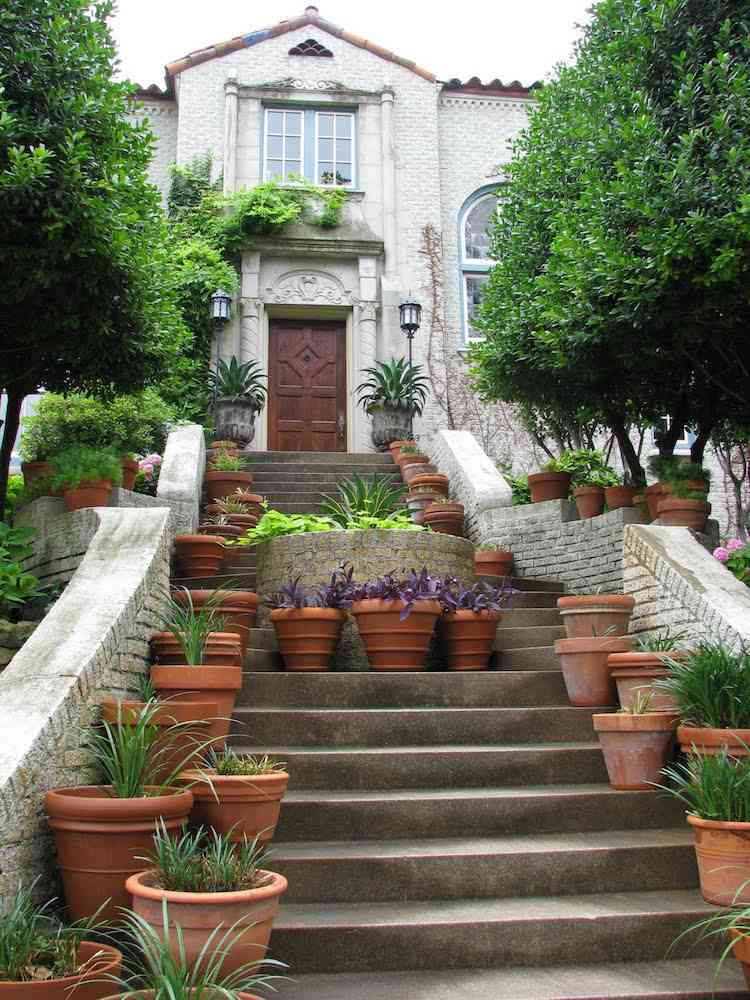 Zelené schody s niekoľkými kvetináčmi Zostavte si-vlastnú-záhradnú-schodu-zelenú-rastlinu-črepníkovú-kvetináč