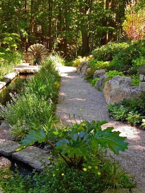 vodná záhrada drevnaté jazierko v záhrade štrková trasa lemujúca záhradnú cestu