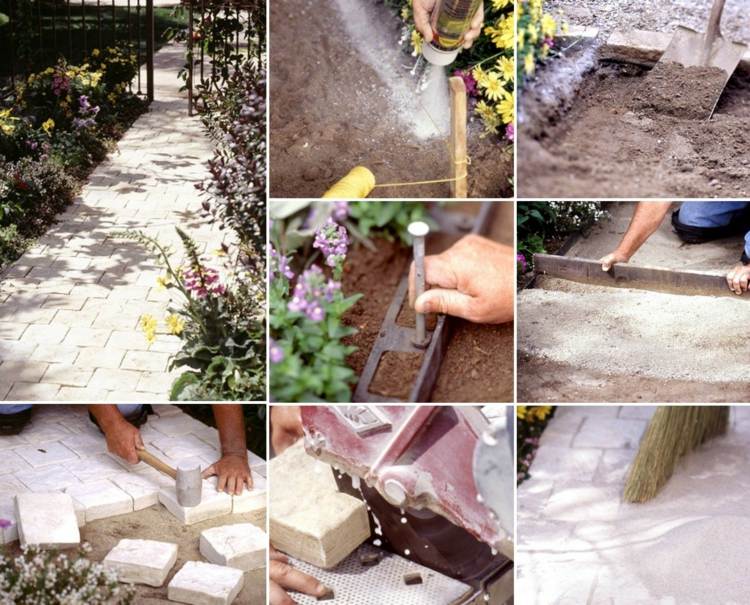 vytvorte záhradnú cestu, navrhnite dlažbu bez spodnej stavby končekov z bieleho kameňa a piesku