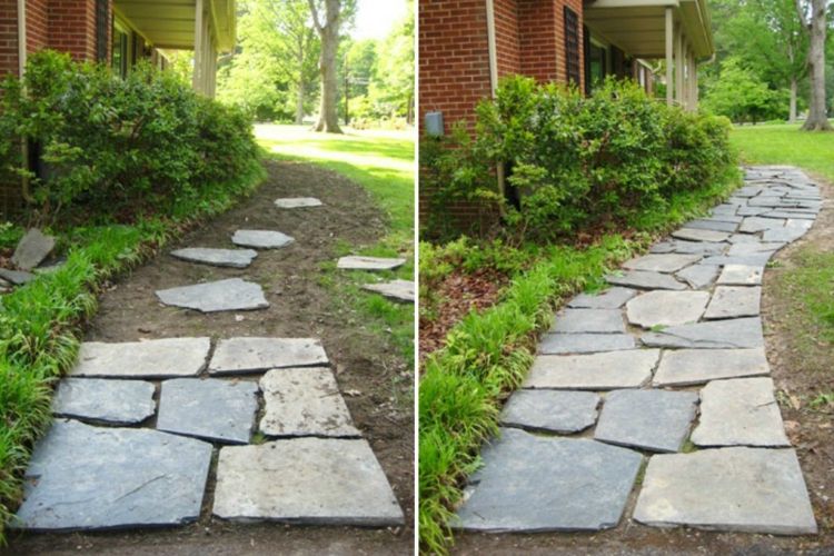 zakrivené kamenné dosky záhradnej cesty bez betónovej spodnej stavby
