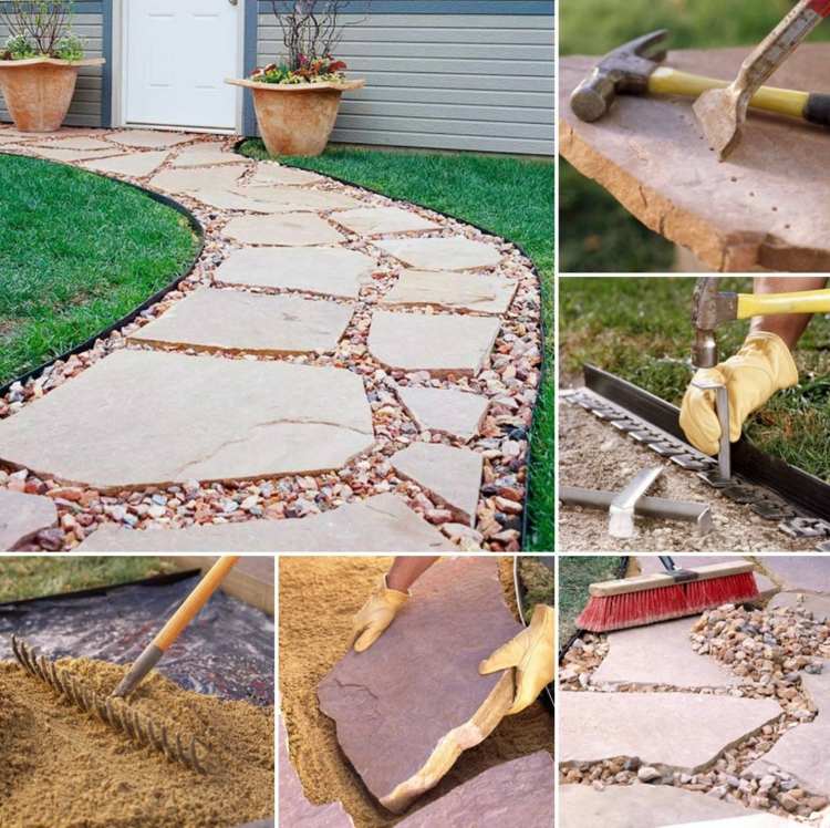 záhradná cesta-kladenie kameňov-piesok-predná záhradná dekorácia-štrk