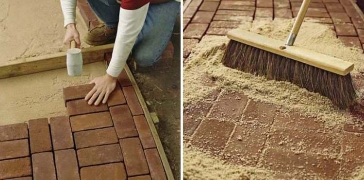 kladenie záhradných chodníkov-škáry-zametanie piesku-metla-náradie-gumové kladivo