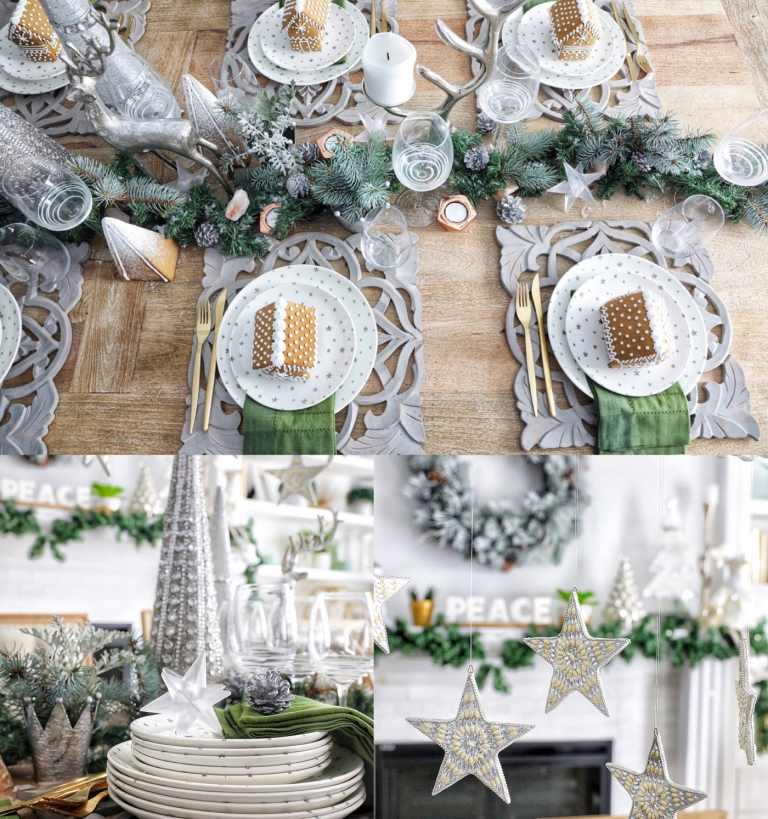 Prestierací stôl na Vianoce v puristickej výzdobe stola v striebornej farbe