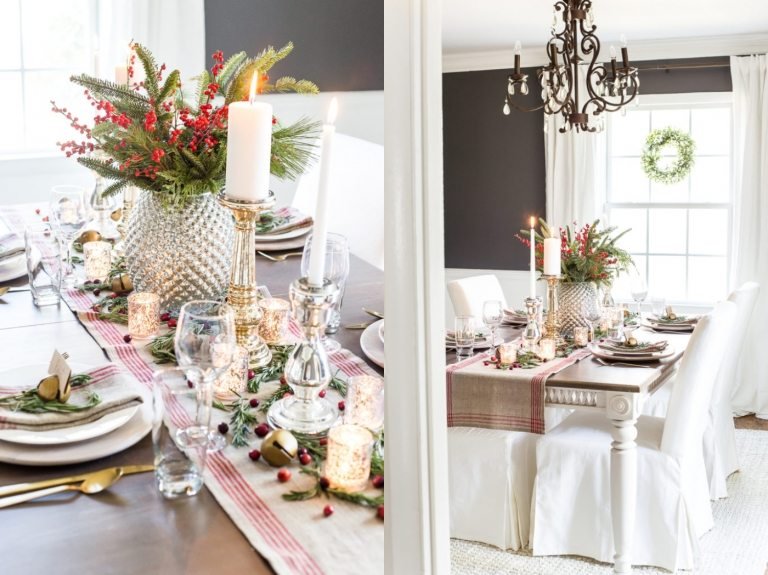 perfektne prestretý stôl na Vianoce Nápady na krásne dekorácie na slávnostný stôl s krištáľovými vázami a lampášmi a šípkami a jedľovými ratolesťami a striebornými svietnikmi