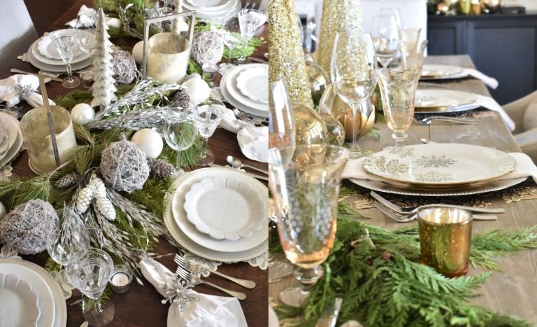 Vianočný stôl s malými šiškami s umelým snehom a lampášmi