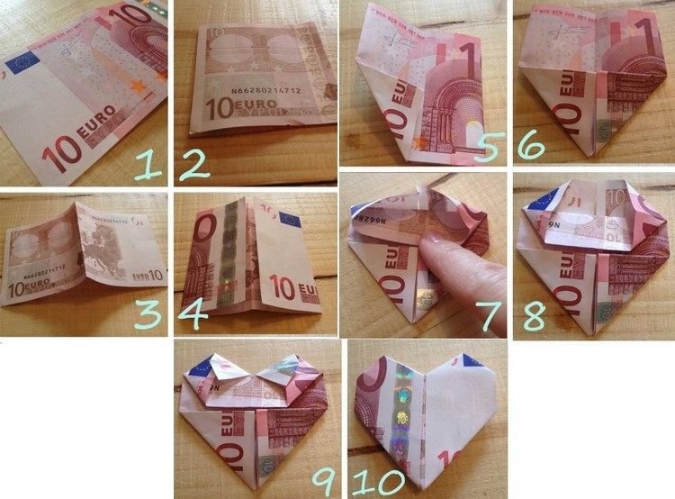 Zložte desaťeurovú bankovku do srdca peňažný skladací návod na srdce-10 eurová bankovka