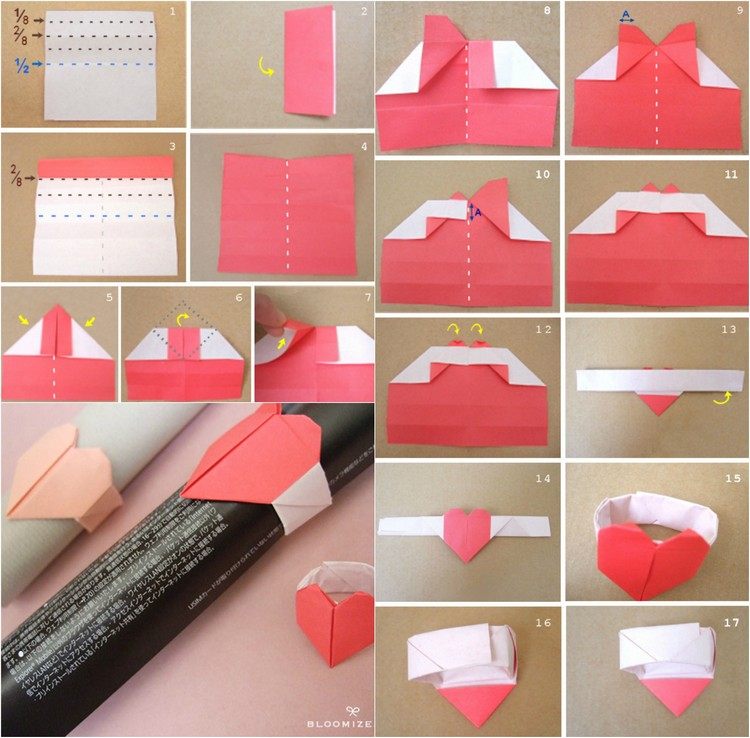 Zložte prsteň srdca z papiera - návod peňažný sklad-srdce-prsteň-list-vzor-papiera