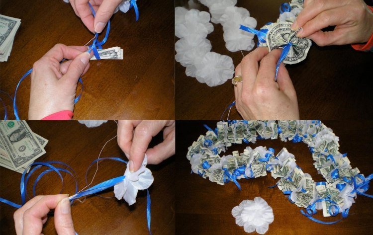 peniaze-darčeky-svadobný veniec-kvety-peniaze-záhyby